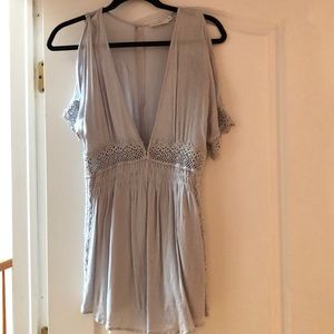 Trendy cold shoulder light blue romper w lace